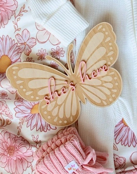 She's here | Birth Announcement Butterfly