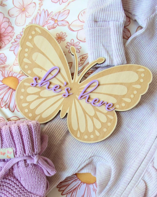 She's here | Birth Announcement Butterfly